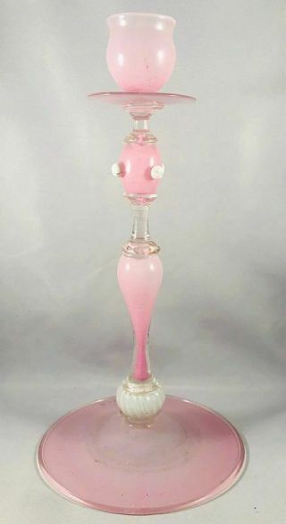 Lovely Vintage Venetian Salviati Cased Rose Pink Tall Candlestick Murano N/r