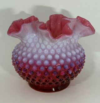 Vintage Fenton Cranberry Opalescent Hobnail Ruffled Top Vase