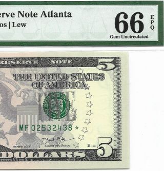 2013 $5 Atlanta Star ⭐️ Frn,  Pmg Gem Uncirculated 66 Epq Banknote,  1 Of 4