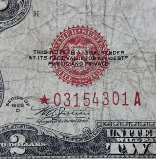 $2 1928d Star Red Seal Legal Tender Us Note 03154301a Series D Two Dollar