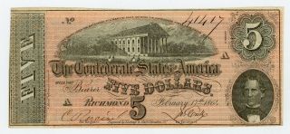 1864 T - 69 $5 The Confederate States Of America Note - Civil War Era