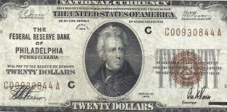 1929 $20 Brown Seal Philadelphia Old Us National Currency