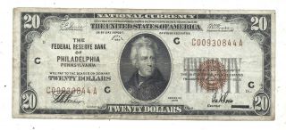1929 $20 Brown Seal PHILADELPHIA Old US National Currency 2