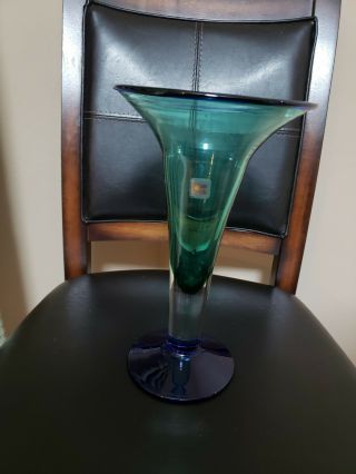 Vintage Blenko Glass Blue Teal Vase - Cobalt Blue Rim & Base - Label