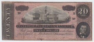 T67 Csa Confederate Currency 1864 $20 Dollars