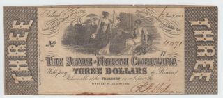 North Carolina Nc State Confederate Currency 1863 3 Dollars