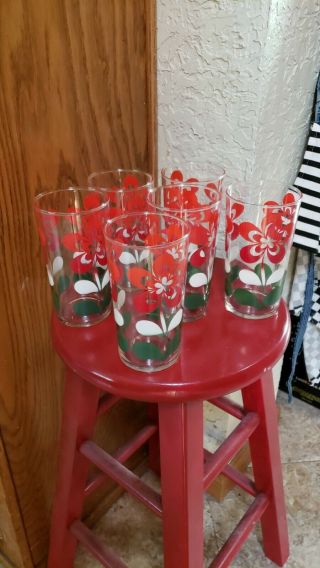 Vintage Set 6 Red Flower Floral Drinking Glasses,