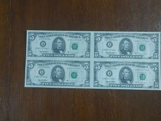 1995 Us $5 Dollar Uncut Sheet Of 4 Federal Reserve Notes & Folder