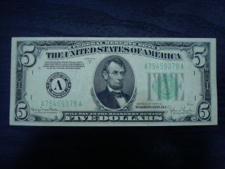 1934 D $5 Five Dollar Bill Federal Reserve Note Usa Money Light Green Seal
