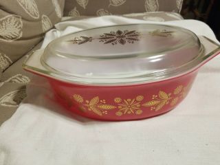 Vintage Pyrex Golden Flower Red Oval Lidded Casserole Dish 045 2 1/2 Qt