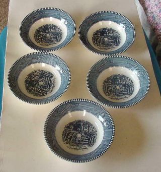 Five Vintage Currier & Ives Blue/white Dessert Bowls - Has Children On A Fence