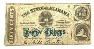 Civil War Confederate State Of Alabama 50 Cent Note 1863