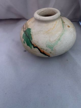 Nemadji Pottery 2.  5 " Tall Squat Vase Swirled Design Green Orange Brown