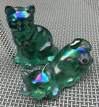 Two Fenton Iridescent Carnival Glass Hand Painted & Signed Cats Blue Green