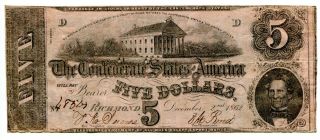 $5 Csa 1862 T - 53 Confederate States Civil War Vf Avenuecoin