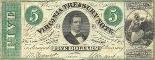1862 $5 Virginia Treasury Note Cr - 13 Choice Example Obsolete Currency