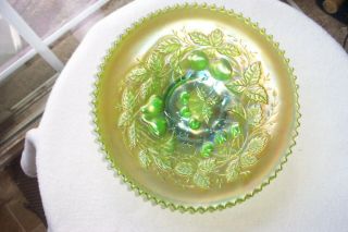 Vintage Green Carnival Glass Ruffled Rim Dish Iridescent Fruit & Leaf Design