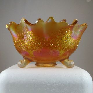Fenton Orange Tree Marigold Carnival Glass Fruit Bowl Scroll Footed Mid1