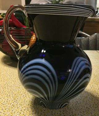 7 1/2 " Tall Cobalt Blue Vase W/light Blue & White Stripes & White Coil At Neck