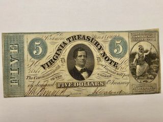 Civil War Confederate 1862 5 Dollar Bill Virginia Treasury Paper Money Currency