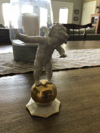 Hutschenreuther Karl Tutter Selb Cherub On Gold Ball Germany 1940 - 1960 Signed