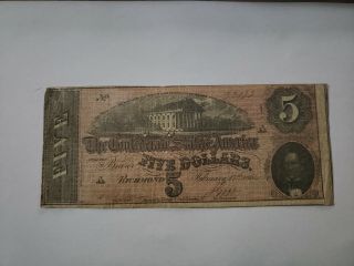 1864 Five Dollars Confederate States Of America Currency $5 Richmond - Civil War