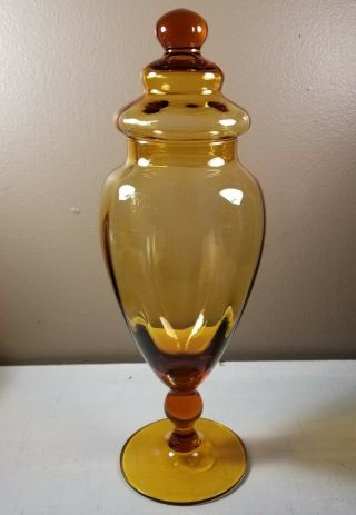 Vintage Mcm Empoli Amber Glass Pedestal Lidded Apothecary Jar Compote Candy Dish