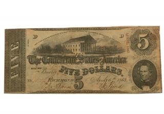 1863 $5 Five Dollar Csa Confederate States Of America Currency Note