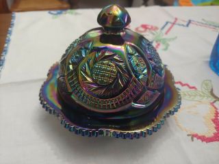 Deep Blue L.  E.  Smith American Heritage Amethyst Carnival Glass Round Butter Dish