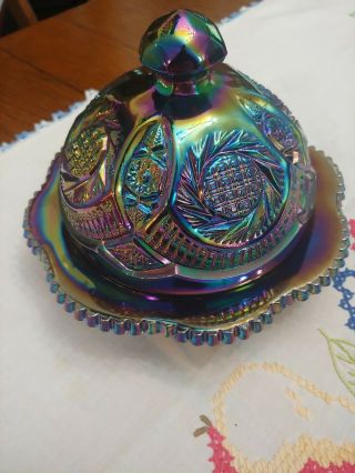 Deep Blue L.  E.  Smith American Heritage Amethyst Carnival Glass Round Butter Dish 2
