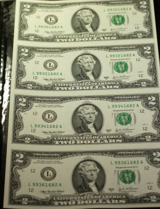 2003 $2 Dollar Bills Uncut Sheet Of 4 Notes Wisdom Of Jefferson Plastic Folder