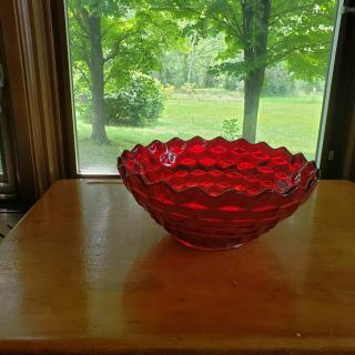 Vintage Fostoria Heavy Ruby Red American 10 1/2” Serving Bowl Cube Design