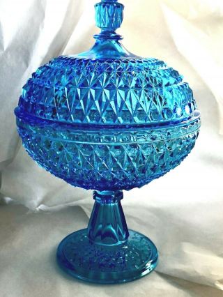 11 " Blue Compote Eapg Central Glass Co.  No 775 Pressed Diamond Lidded Pedestal