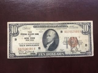 1929 $10 Dollar National Currency Federal Reserve Bank Of York Note Brown