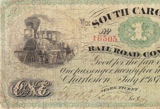 $1 1873 South Carolina Rail Road Company Fare Ticket 16505