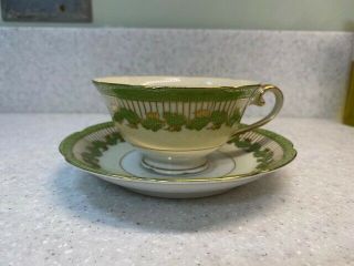 Diamond Made In Occupied Japan Teacup Tea Cup And Saucer Green Leaf Pattern