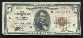 Fr.  1850 - A 1929 $5 Frbn Federal Reserve Bank Note Philadelphia,  Pa