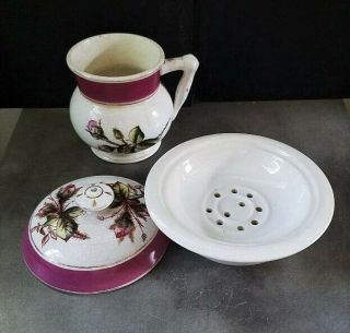 Vintage 3 Pc Floral Covered Vanity Set - Soap Dish W/ Drain Insert & Cup