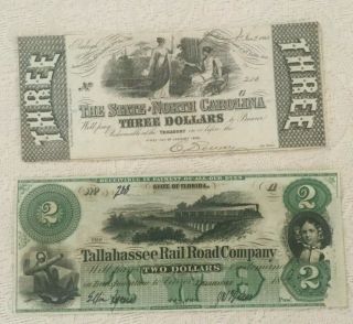 Tallahassee Rail Road Company Two Dollar & State Of North Carolina Three Dollar