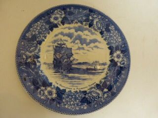 Adams Stafordshire Pottery Plate The Mayflower In Plyymouth Harbor Blue White
