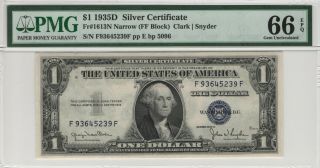 1935 D $1 Silver Certificate Fr.  1613n Narrow Pmg Gem Uncirculated 66 Epq