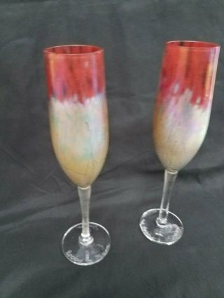 Steven Smyers Hand Blown Art Glass Champagne Flutes 2