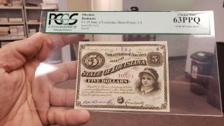 1873 $5.  00 State Of Louisiana Baby Bond Pcgs 63 Ppq Early Date