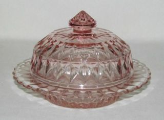 Jeannette Glass Co.  Windsor Diamond Pink Round Butter Dish With Cover