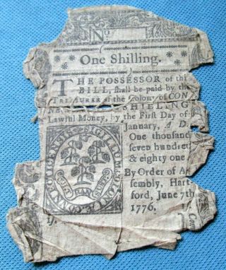 June 7 1776 One Shilling Connecticut Colonial Currency - Old Sewn Stitching (dc)