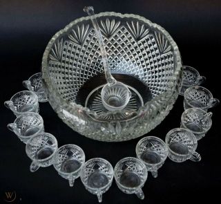 Vintage L.  E.  Smith Glass Co.  Punch Bowl Set Pineapple Design With 12 Cups