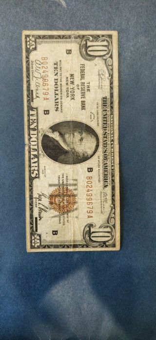 1929 $10 The Federal Reserve Bank Of York Ny National Currency B02499679a