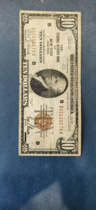 1929 $10 THE FEDERAL RESERVE BANK OF YORK NY NATIONAL CURRENCY B02499679A 3