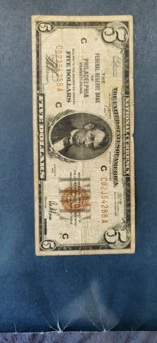 1929 $5 Brown Seal Philadelphia National Currency C02354288a