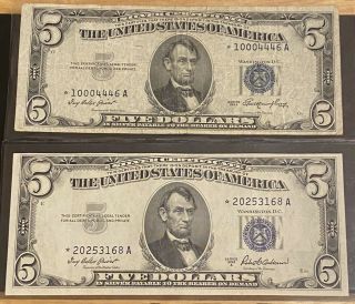 2 Series 1953 A Blue Seal Silver Certificate $5 Five Dollars Note | Star Note